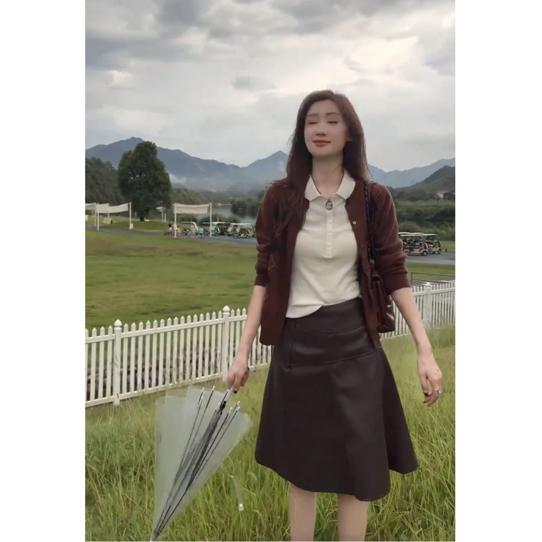 法式气质百搭长袖毛衣开衫翻领短袖上衣高腰半身皮裙套装女X11252