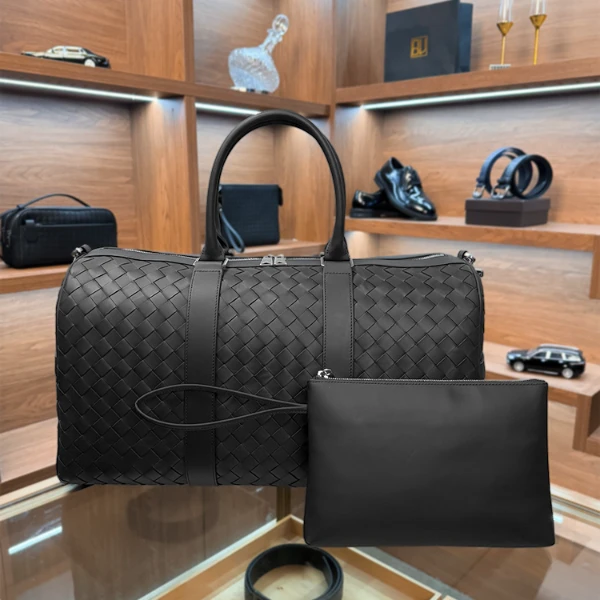 BV头层胎牛皮纯手工编织旅行包男包外出大容量出差短途手提行李包