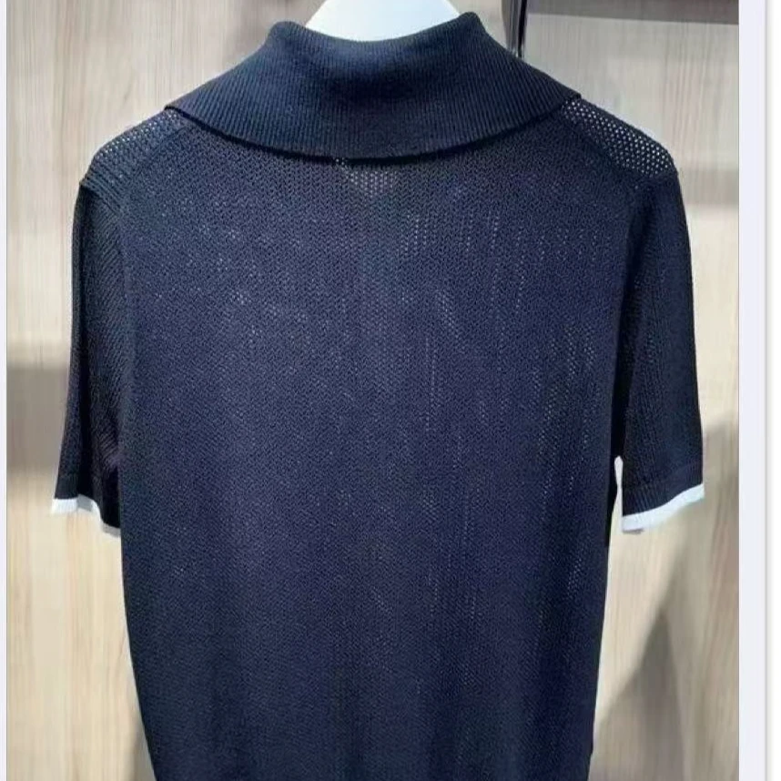 库存夏季半拉链高领半袖刺绣镂空短袖女百搭25-127