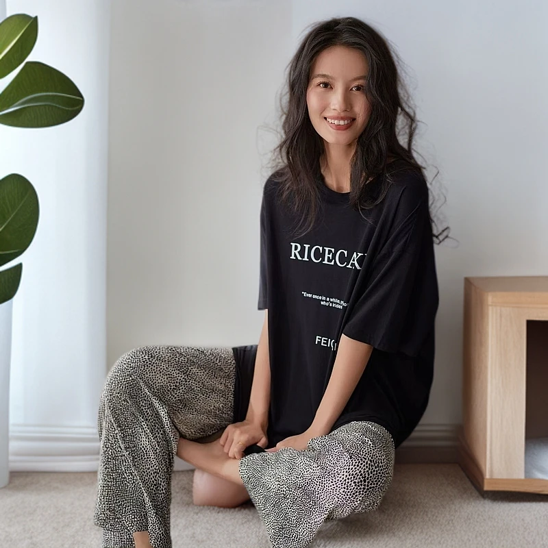 时尚家居服套装青年睡衣短袖长裤薄款睡衣宽松版