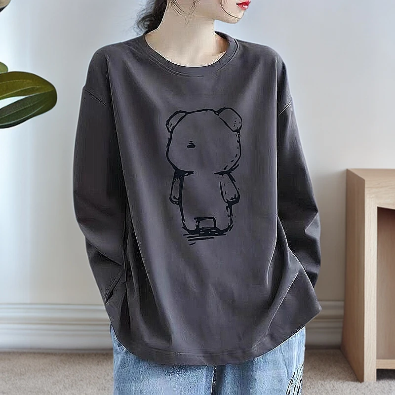 100%纯棉长袖T恤女春秋新款韩版宽松显瘦上衣休闲简约百搭打底衫