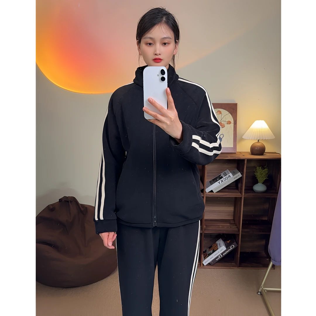 【条纹】秋冬季男女同款情侣外穿睡衣加绒加厚立领拉链款家居服套装