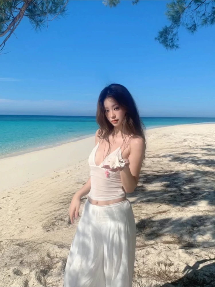 后背镂空蝴蝶白色吊带背心女装夏季性感修身露背热辣纯欲短款上衣