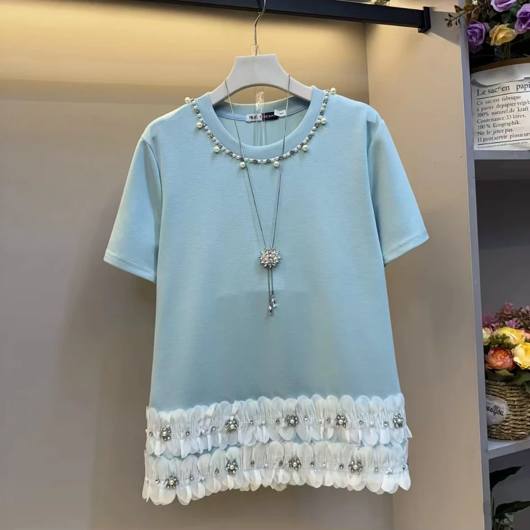 〖猫姐衣橱〗夏季新款重工圆领双层花边钻半袖2563