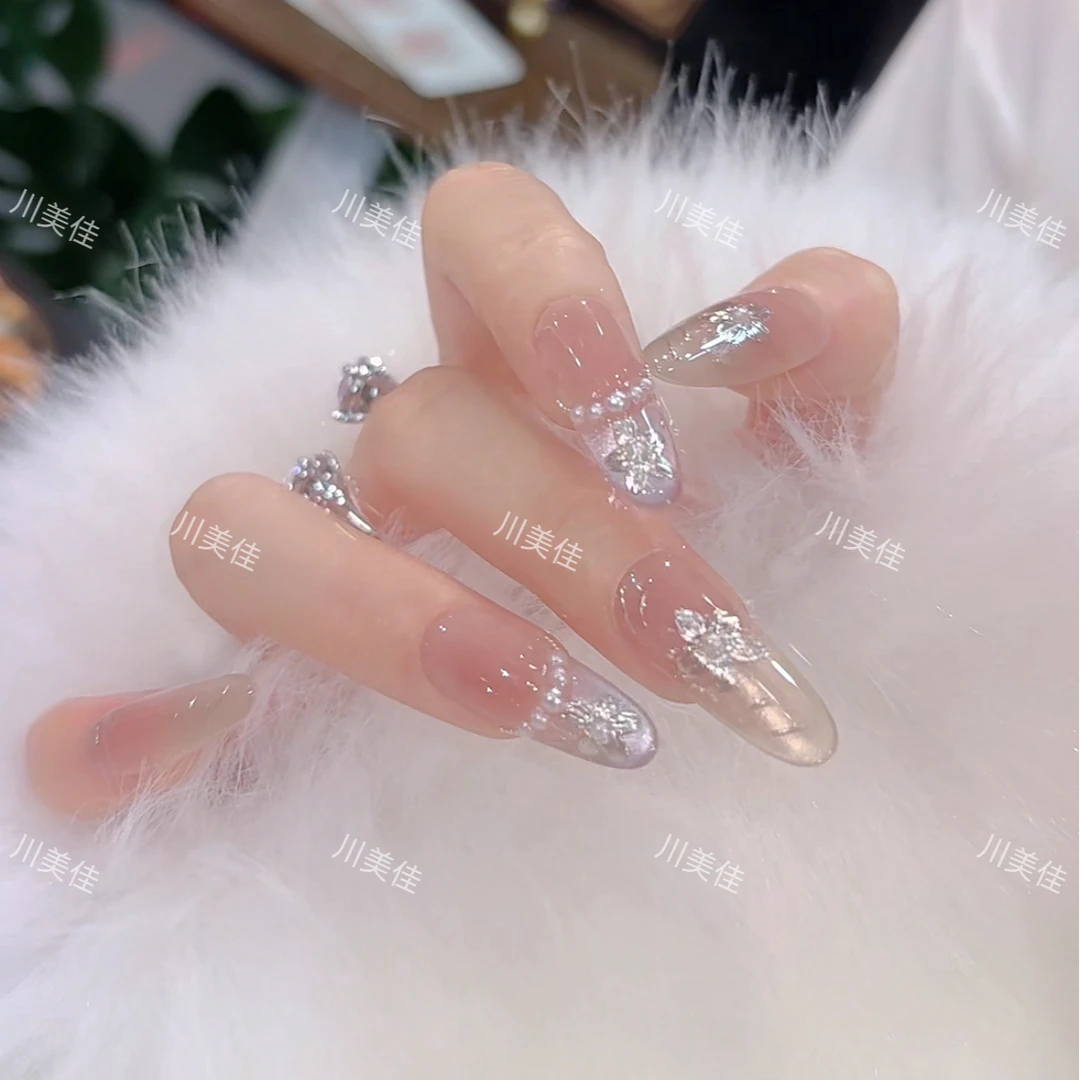 川美佳《冰境花语》高级美甲温柔金紫猫眼富贵花纯手工穿戴甲抖音