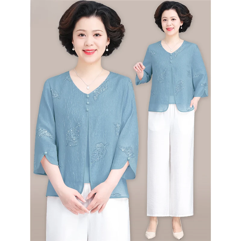 中年妈妈夏装假两件衬衫中老年人女夏季刺绣小衫套装母亲节上衣服