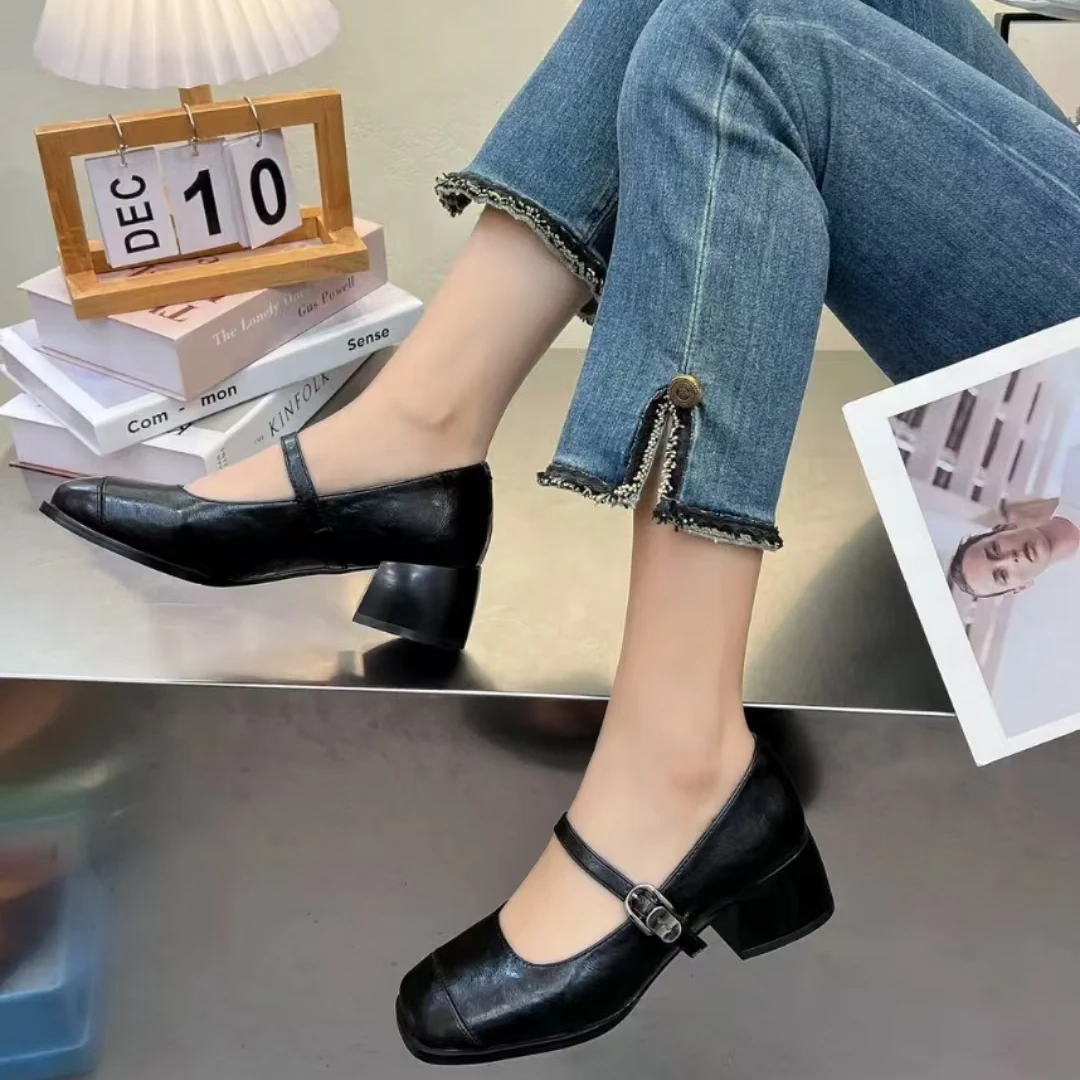 25216 新款百搭气质圆头粗跟浅口玛丽珍单鞋