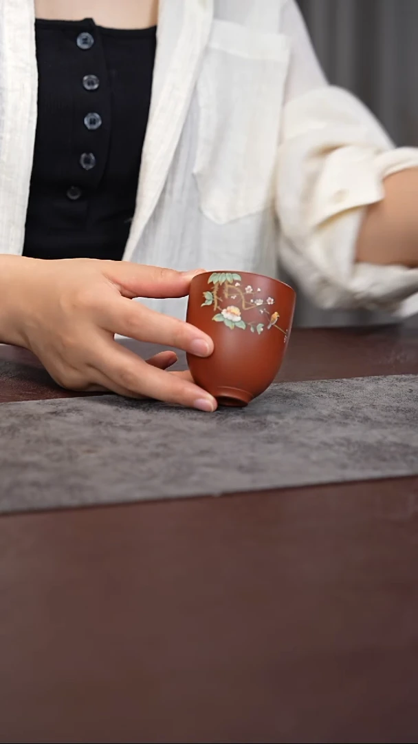 茶杯紫砂喜上眉梢 泥绘 主人杯