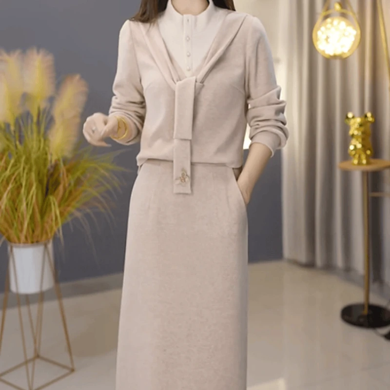 B192【上衣+半身裙】2025秋季新款优雅气质时尚休闲围巾领套装裙