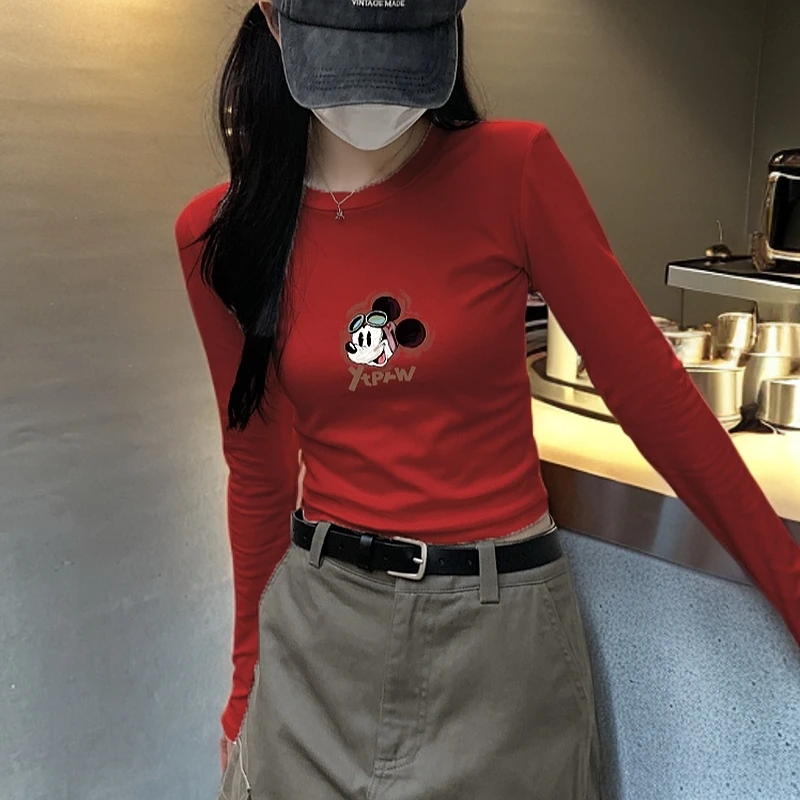 酒红色正肩T恤女圆领内搭打底衫春秋季修身辣妹螺纹弹力长袖上衣