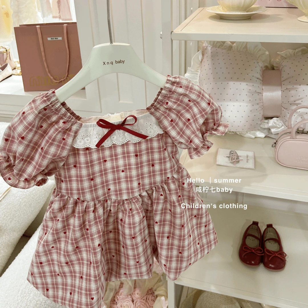 女孩泡泡袖蝴蝶结红格纹裙子拼接休闲套装女童夏季韩版时尚连衣裙