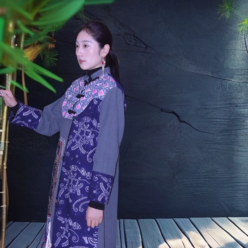 手工原创设计款个性刺绣绣花长款女士高领气质民族风连衣裙