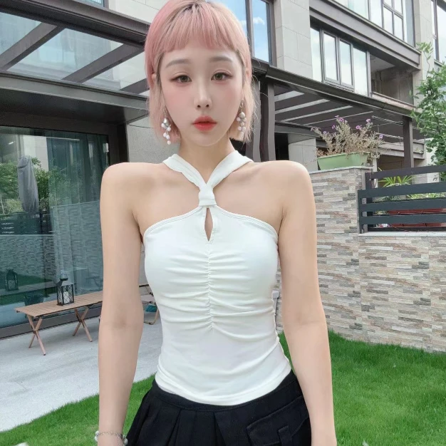 挂脖绑带抽褶立体杯垫抹胸上衣THR2717