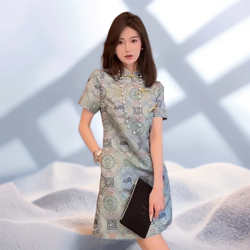 夏季短袖新中式国风旗袍高级感场合蓝色女装连衣裙子正式