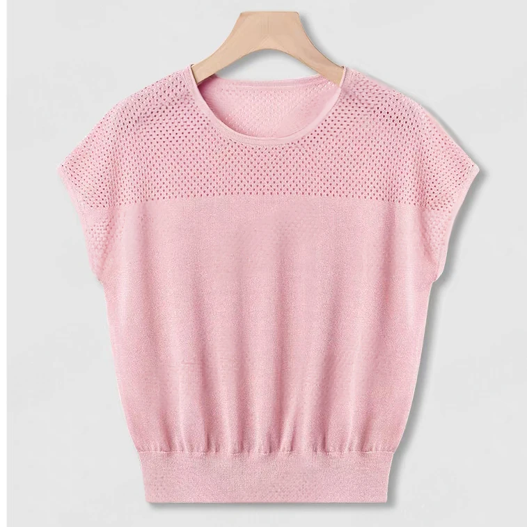 冰爽丝空调夏季百搭显瘦遮肉镂空时尚修身短袖女士短袖上衣新款