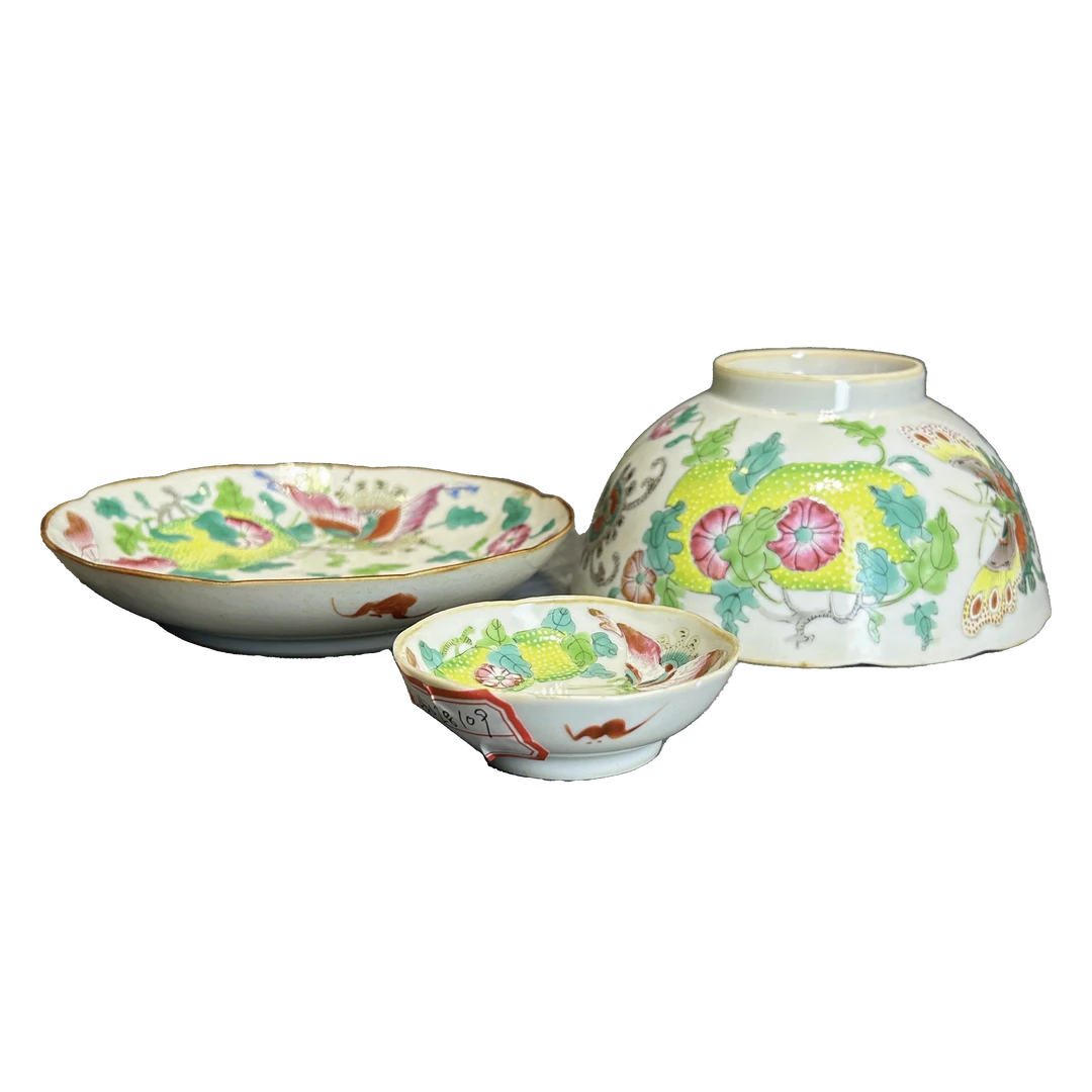 25028108x粉彩瓜蝶连连碗盘碟三件套