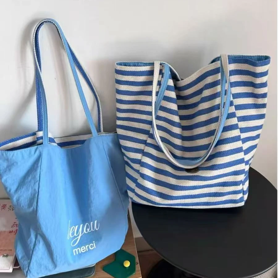春夏款双面条纹帆布包包女大容量慵懒风托特包学生休闲通勤单肩包