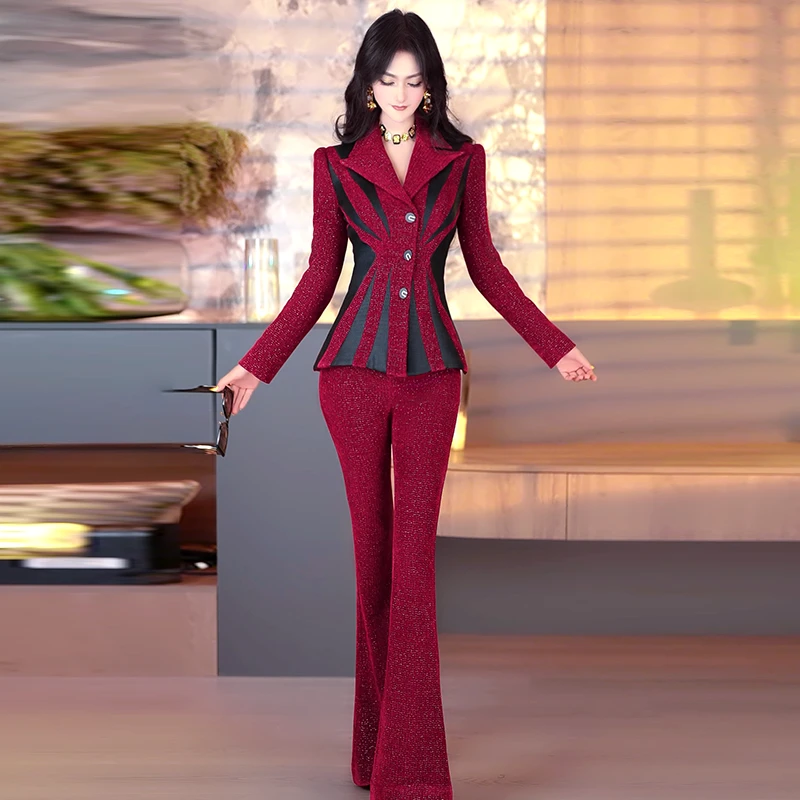 VJE冬季欧美撞色拼接加厚职业西服套装新款西装喇叭裤两件套