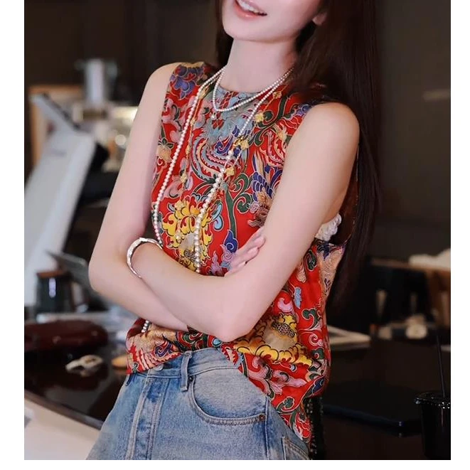 新中式国风复古独特漂亮红色印花背心女2025新款夏季叠穿无袖上衣