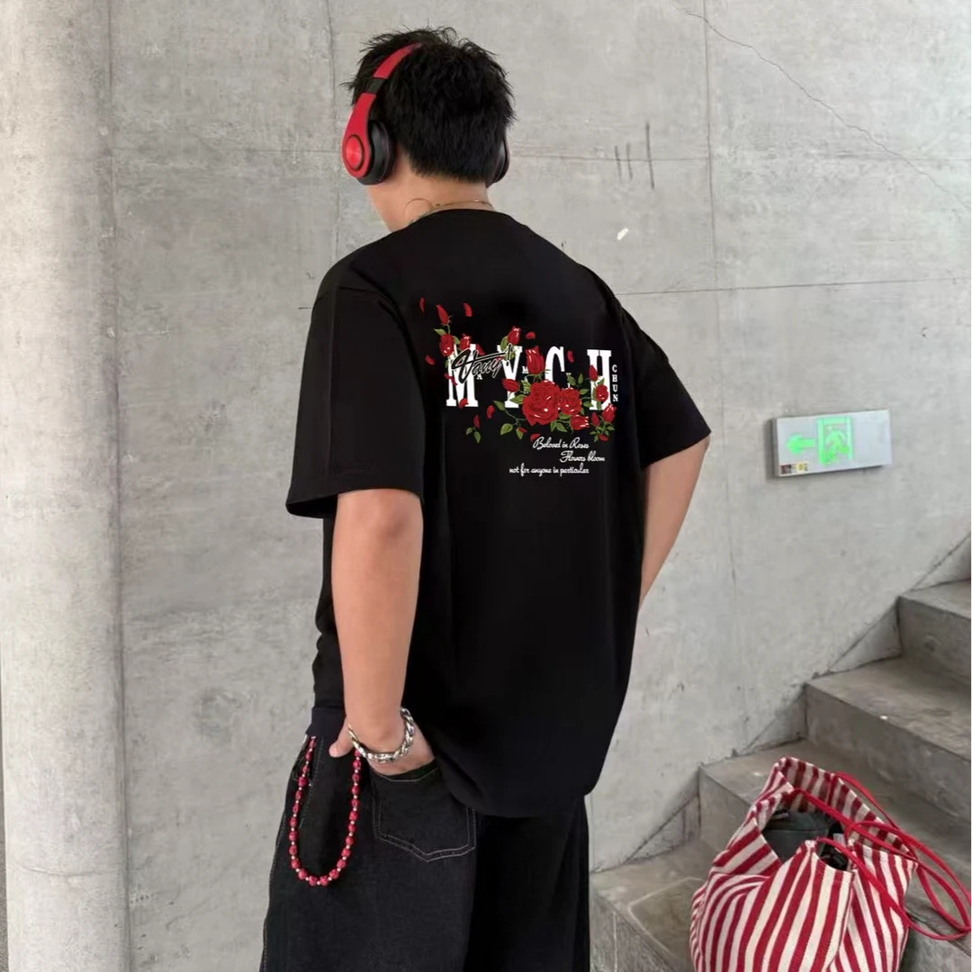 MYCH红玫瑰字母刺绣短袖男生t恤夏季新款美式潮牌重磅纯棉情侣装