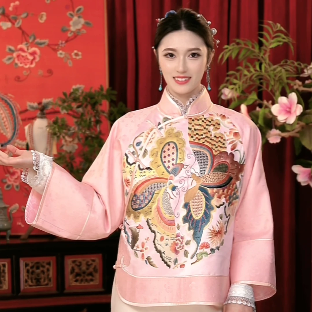 【煜秀堂】“粉意“传统中式重工蝴蝶刺绣斜襟太太服