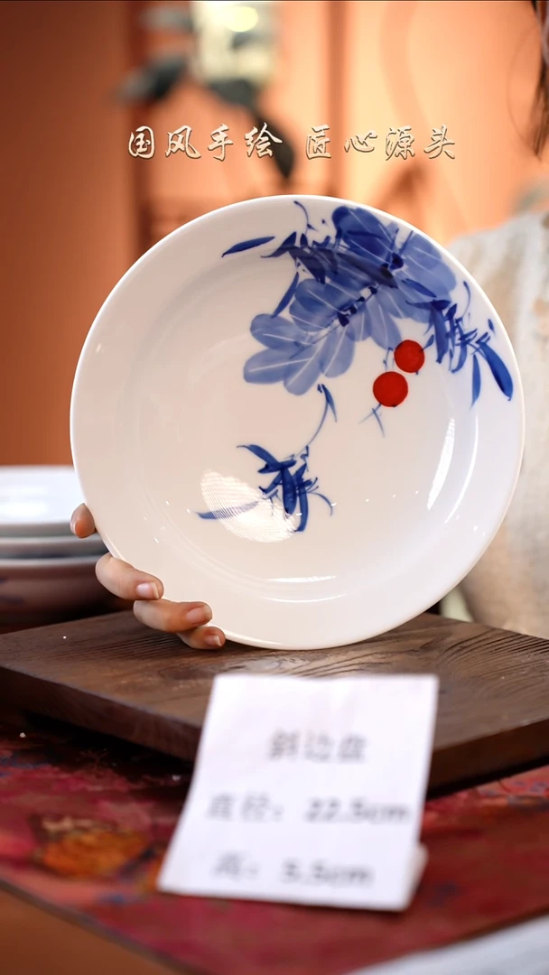 陶瓷景德镇釉中彩餐具斜边盘直径22.5高5.5