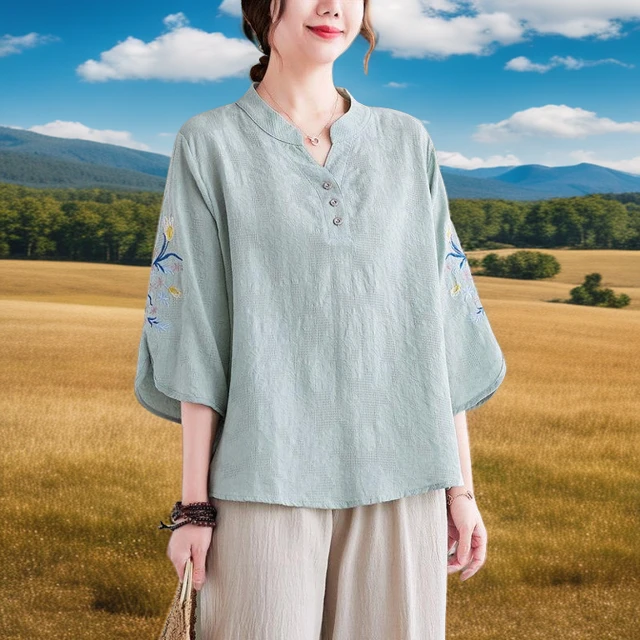 中老年女装2025妈妈夏装新款休闲早秋棉麻套装母亲宽松大码两件套