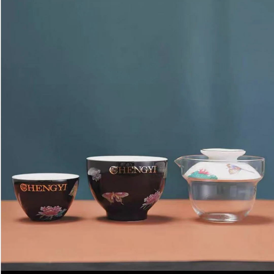 G095-黑蝴蝶旅行茶具手工户外陶瓷主人杯手绘便携国潮描金