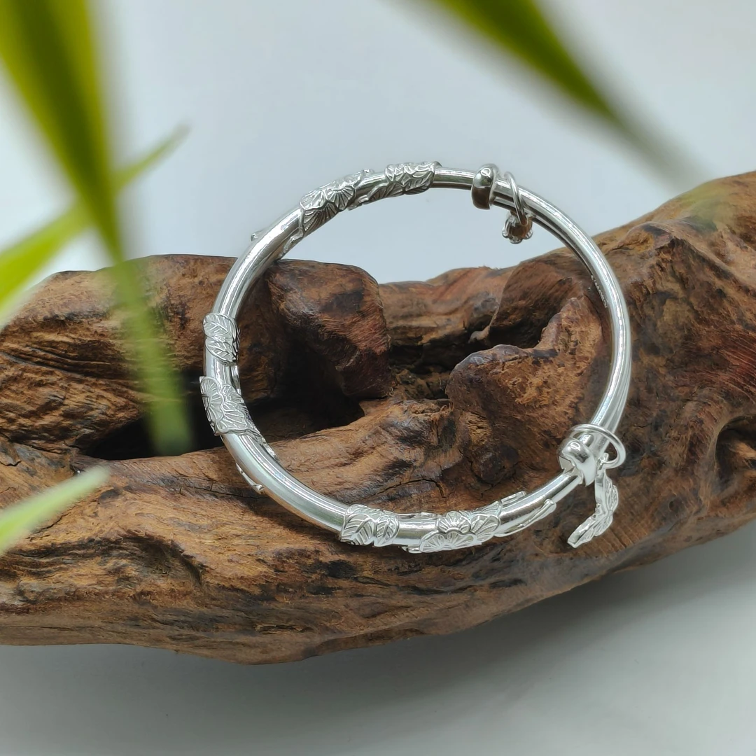 足银手镯 [半亩银田]推拉【繁花似锦吊坠手镯】时尚个性精美浮雕