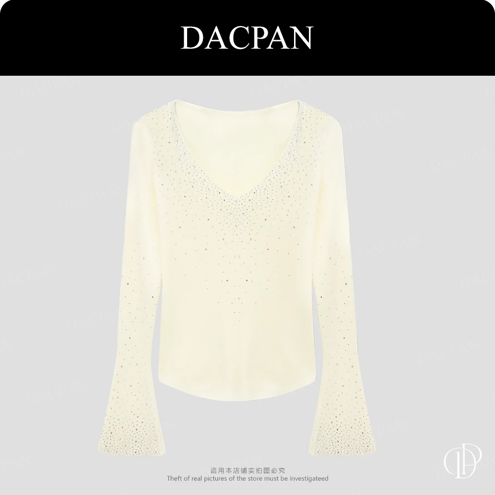 DACPAN-“天鹅颈”V领烫钻针织上衣  2025/盼·PP 612