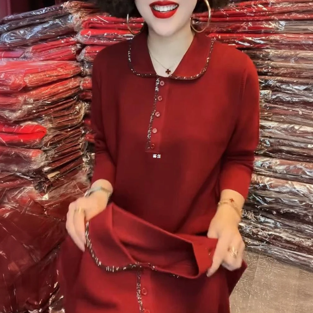 5090大码新款女中老年宽松POLO减龄装冰麻衫毛衣纯色翻领妈妈秋冬