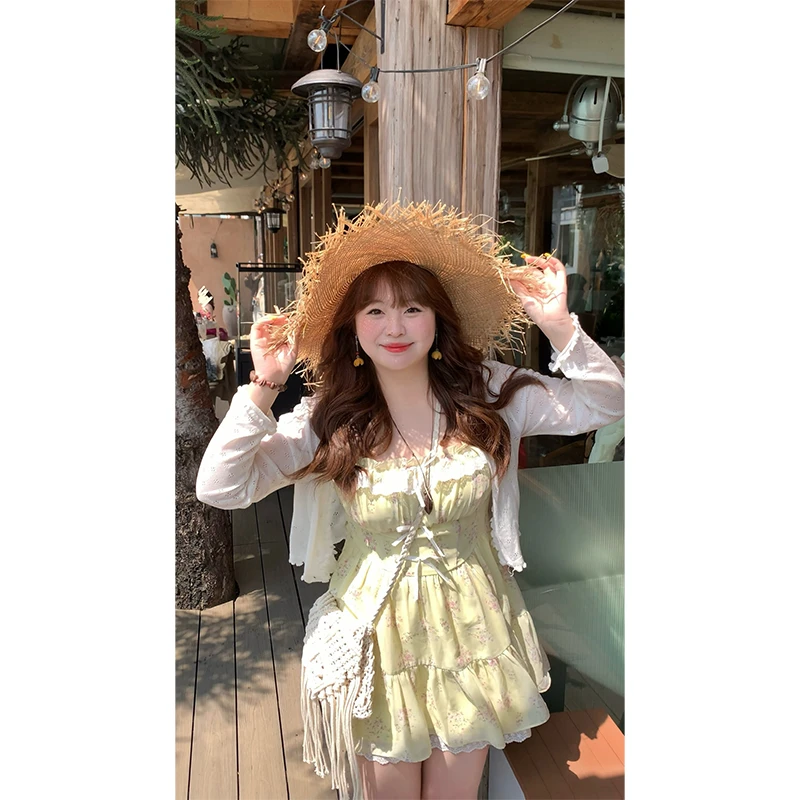 【清仓】黄色碎花吊带裙清新纯欲夏季打揽显白公主蝴蝶结泡泡袖裙