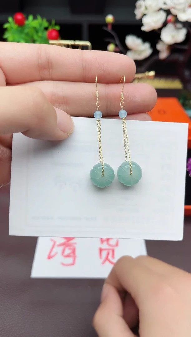 石英质玉（天山翠）银S925镶嵌耳饰F08