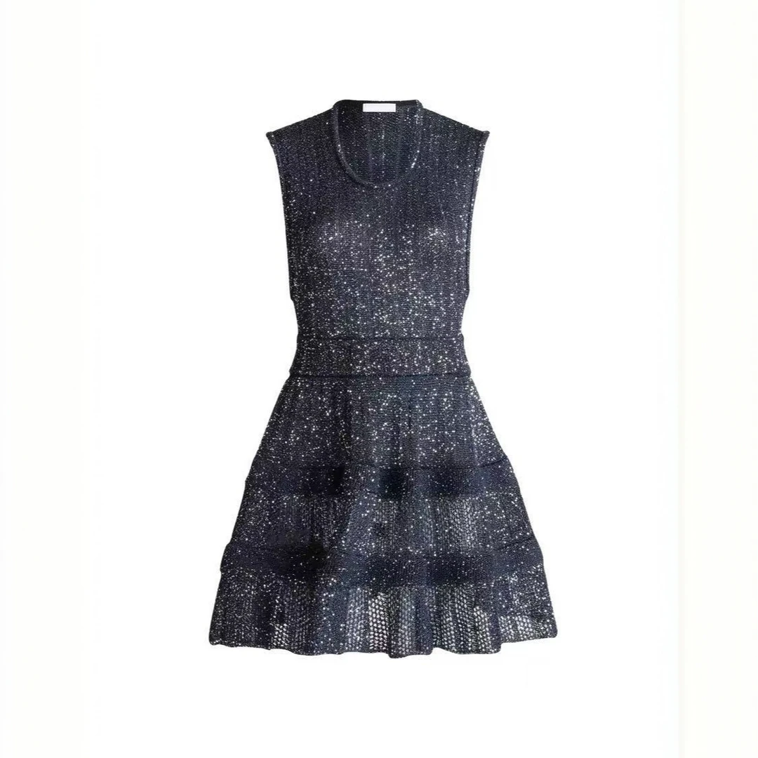 JYX高定法式小香风重工亮片无袖针织连衣裙-199