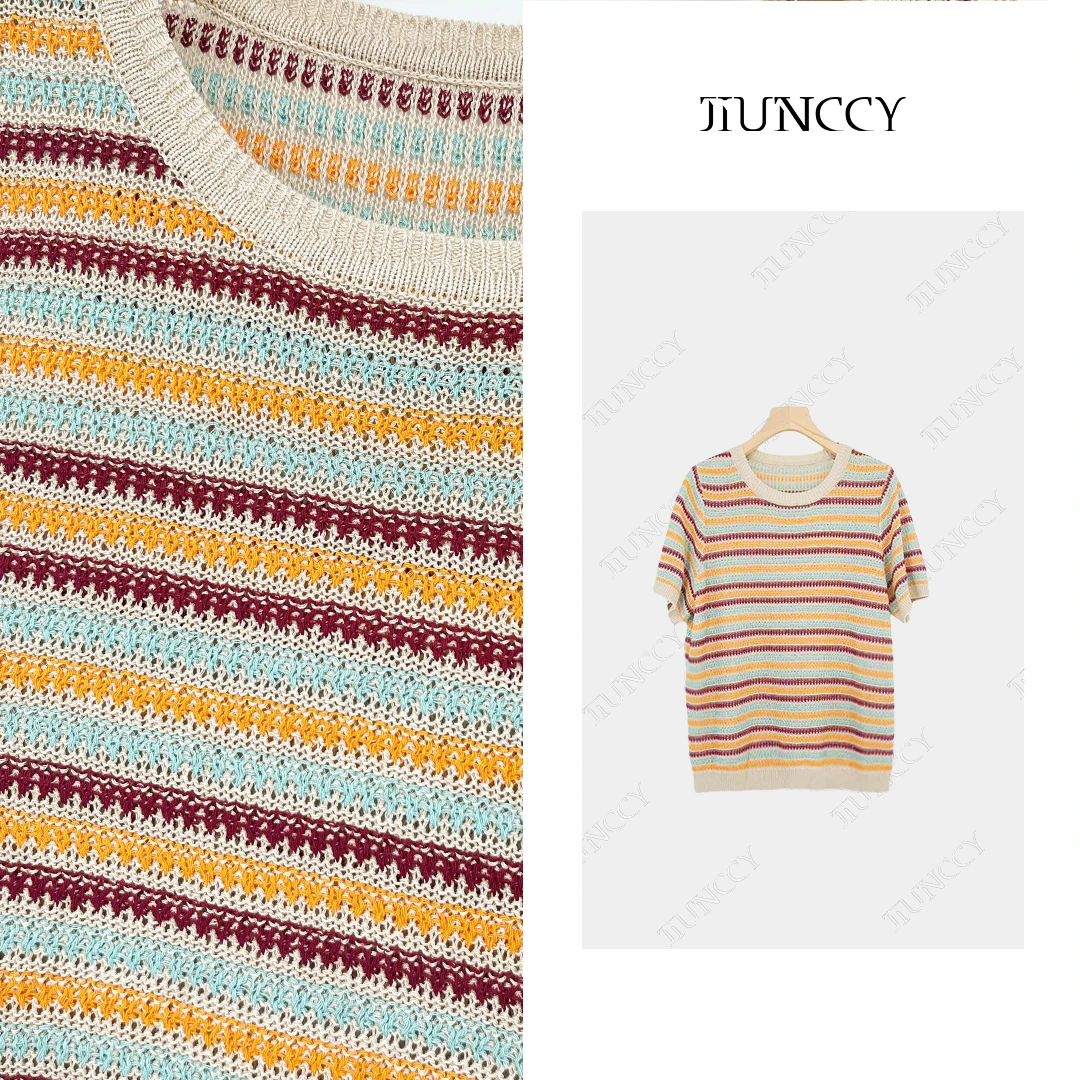 JIUNCCY【夏威夷】 定制亚麻天丝彩虹纱线夏款休闲针织衫 24ZZ041