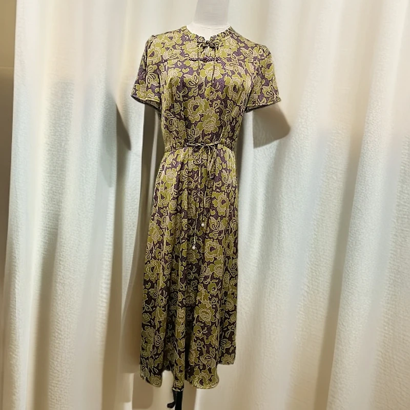 夏季新中式盘扣收腰印花连衣裙T101