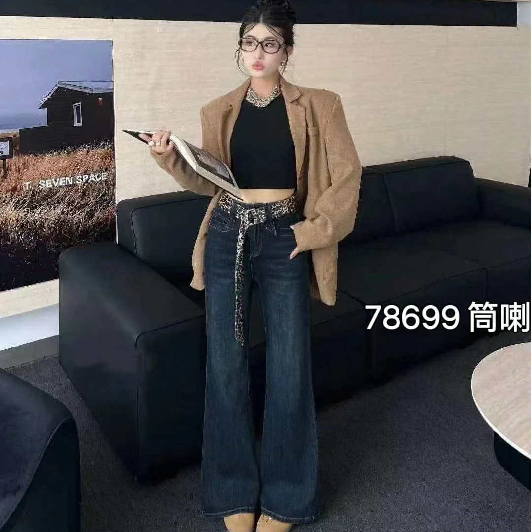 【娜姐家】78699#秋款复古气质显瘦牛仔筒喇裤