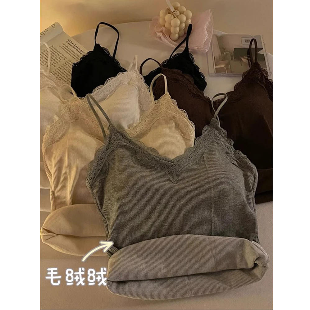 蕾丝小吊带背心女春秋内搭带胸垫美背文胸一体加绒打底衫保暖上衣