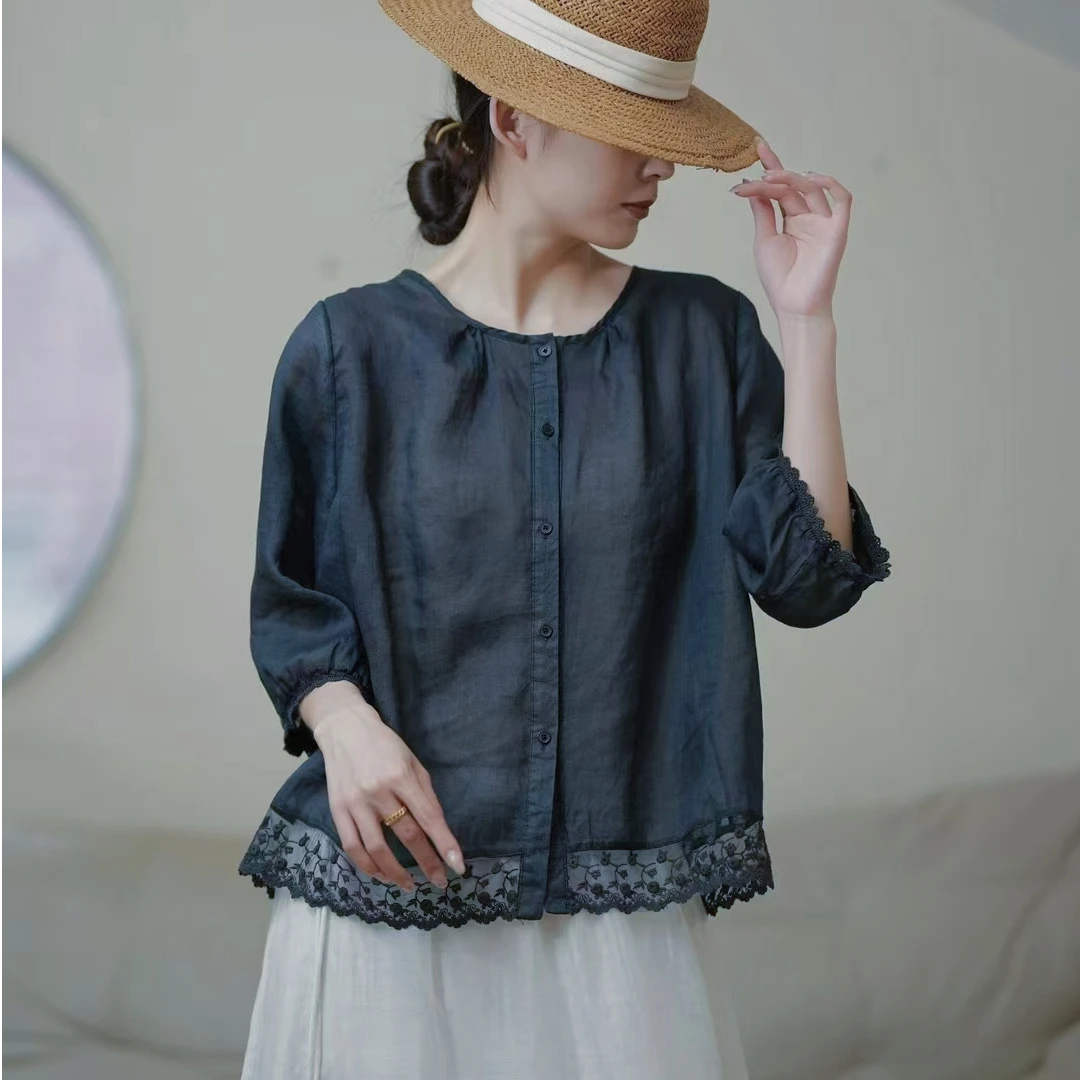 女式女款夏季薄款新款苎麻纯色文艺气质圆领花边中袖宽松上衣小衫