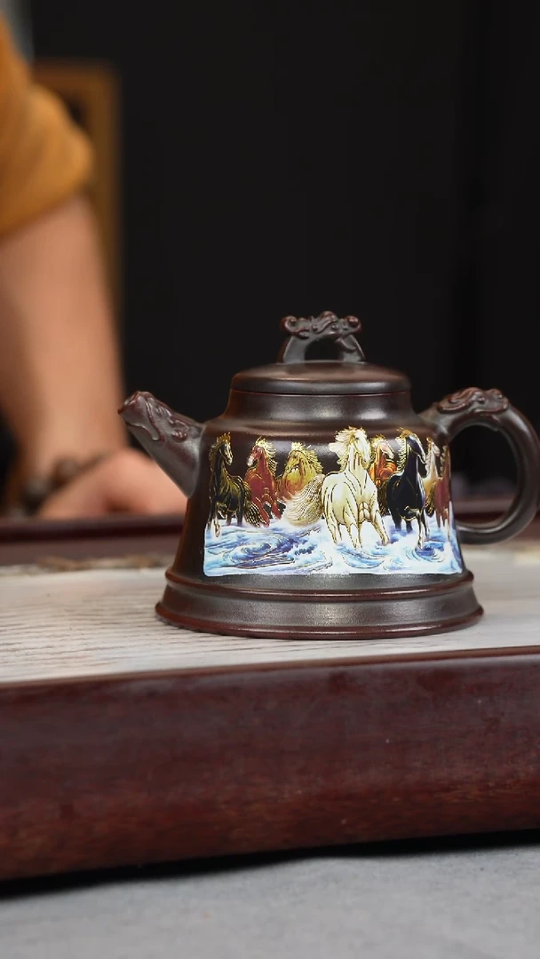 【闪购商品】紫砂茶壶铁血红砂 金钟 八骏珐琅彩