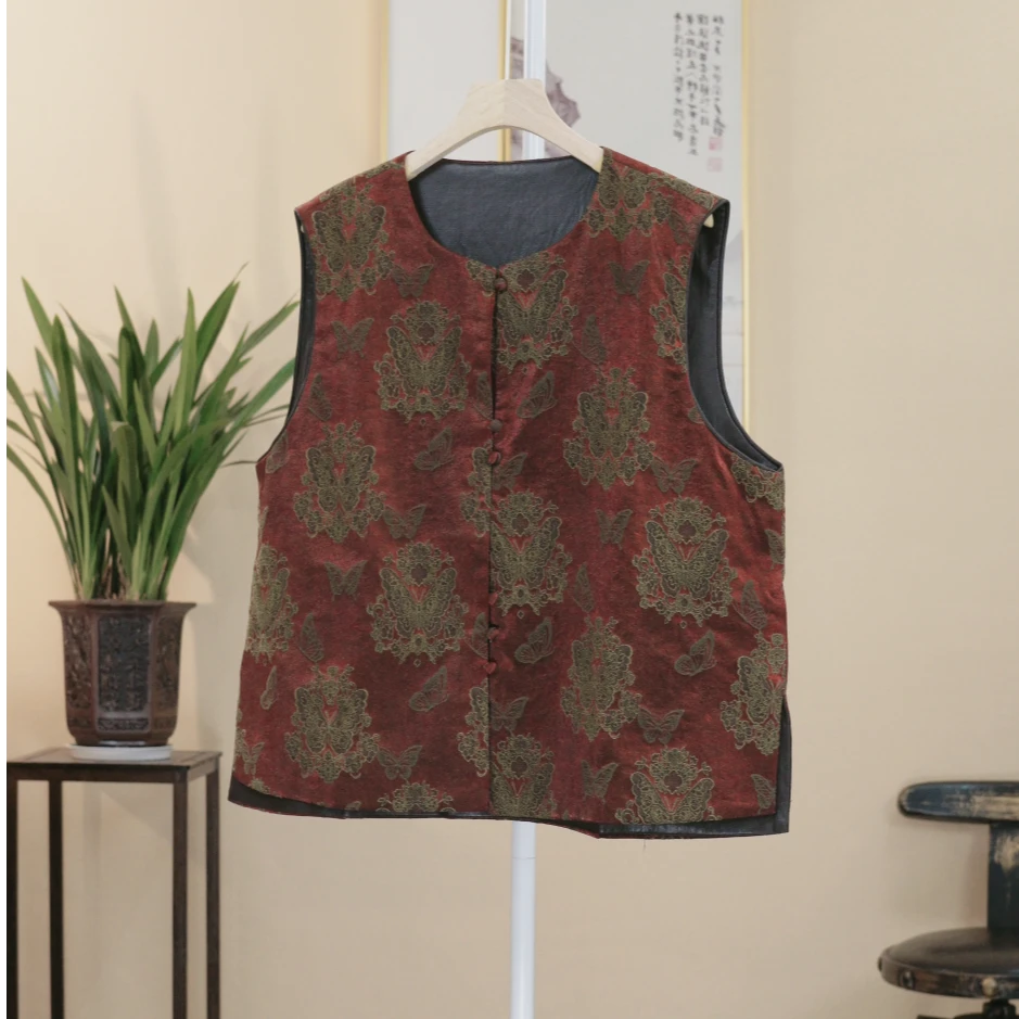 新中式新款宋锦拼接双面穿圆领马甲国风马夹设计师定制