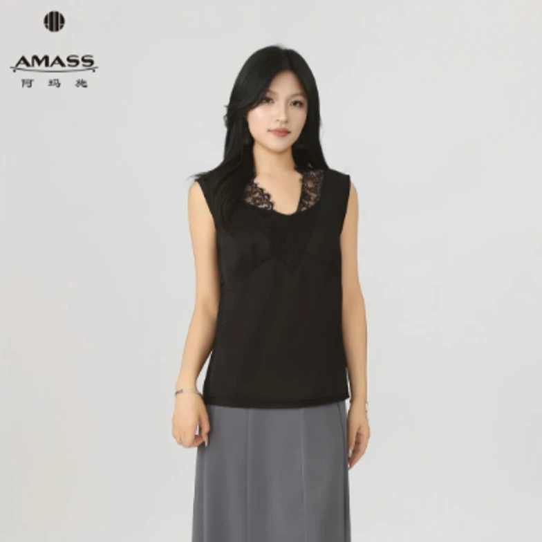 AMASS/阿玛施新款复古镂空吊带夏日蕾丝V领宽松背心上衣女530016