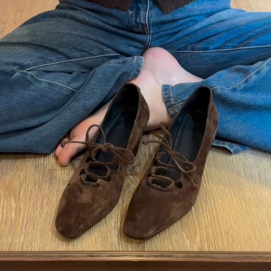 羊皮版~复古绒面小方头高跟鞋镂空系带中古鞋气质粗跟玛丽珍单鞋