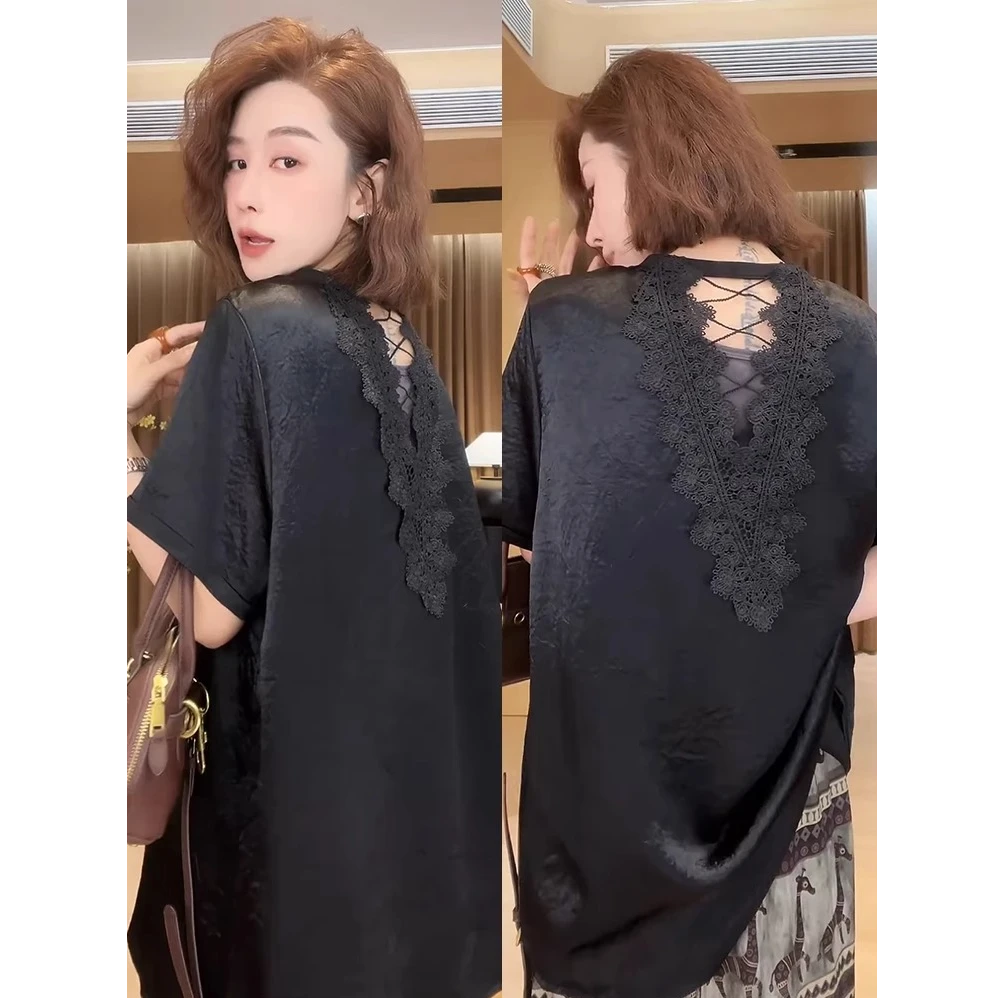 欧货黑色后背V领蕾丝百搭醋酸短袖T恤女2025夏款小众设计宽松上衣