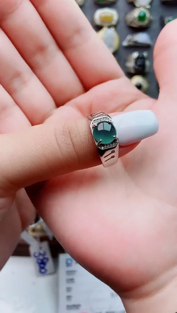 银S925镶嵌戒指翡翠淘*?天然翡翠男戒