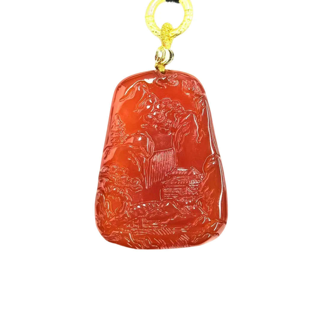 x714-国风设计款红玛瑙山水牌无事牌吊坠-赠礼盒