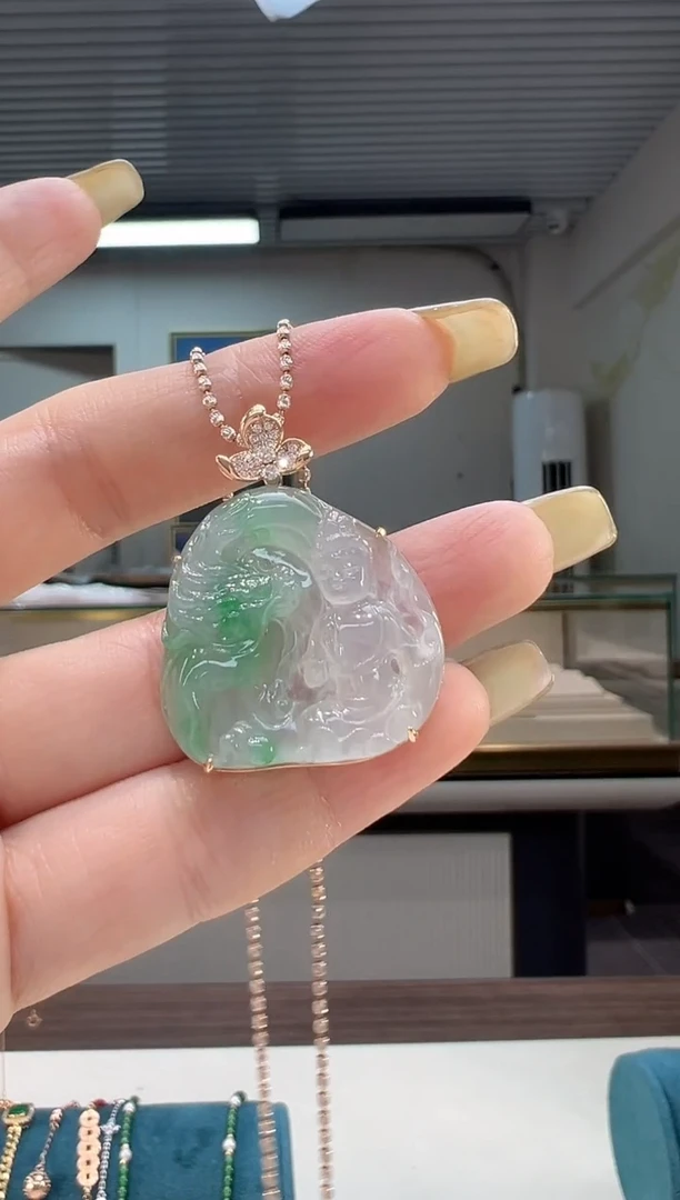 翡翠18K金镶嵌吊坠(不含链)普贤龙牌翡翠吊坠