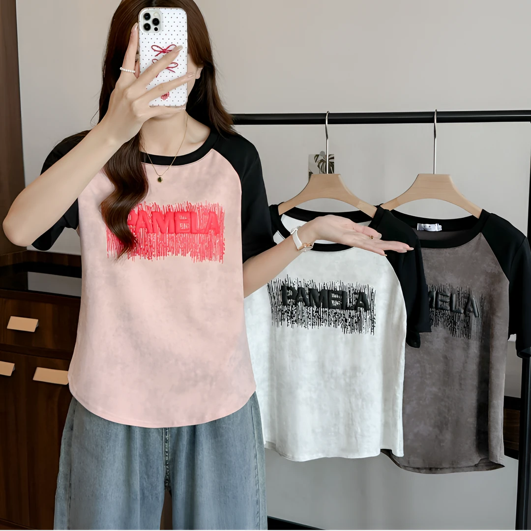 大码胖mm遮肉显瘦正肩短袖T恤女夏季新款百搭扎染印花字母上衣