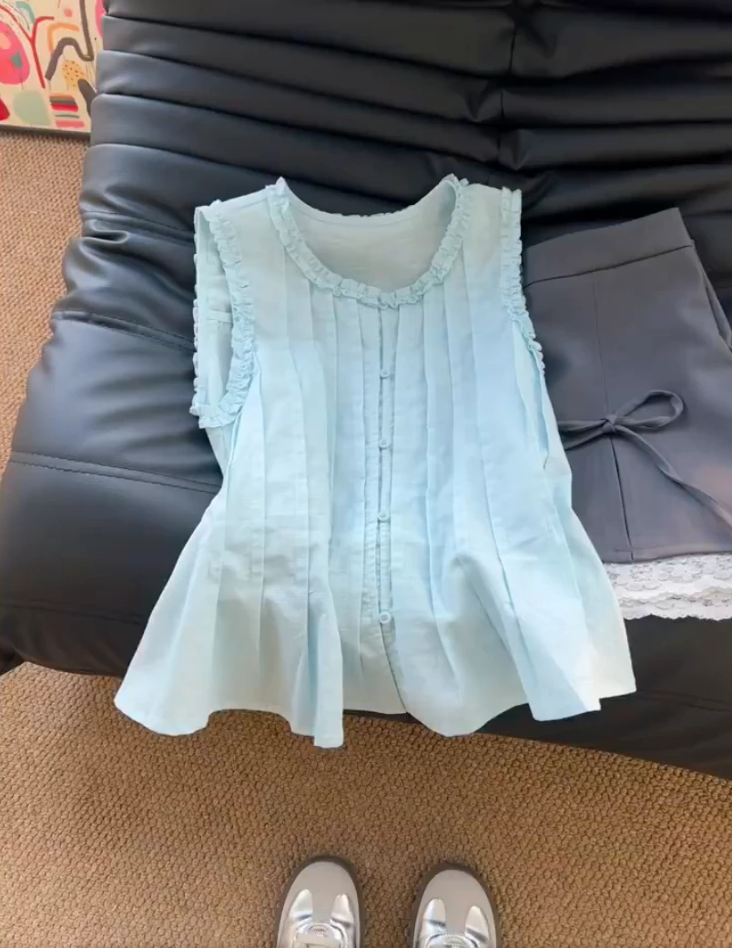 韩系甜美减龄花边圆领无袖衬衫女夏季百搭压褶宽松小衫2025