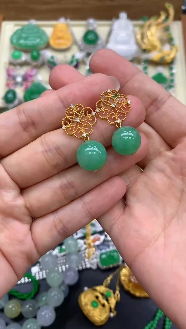 翡翠18K金镶嵌耳饰422-中国好珍宝